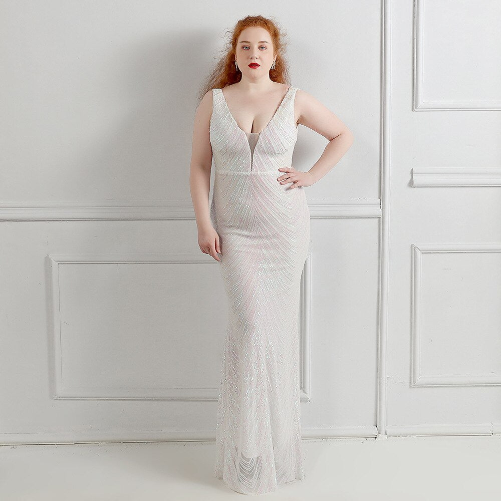 Elegant Striped Sequined Glitter Evening Party Dress Plus Size Women Mesh See Throuhg V Neck Slim Bodycon Maxi Meimaid Dress EXA Fashion