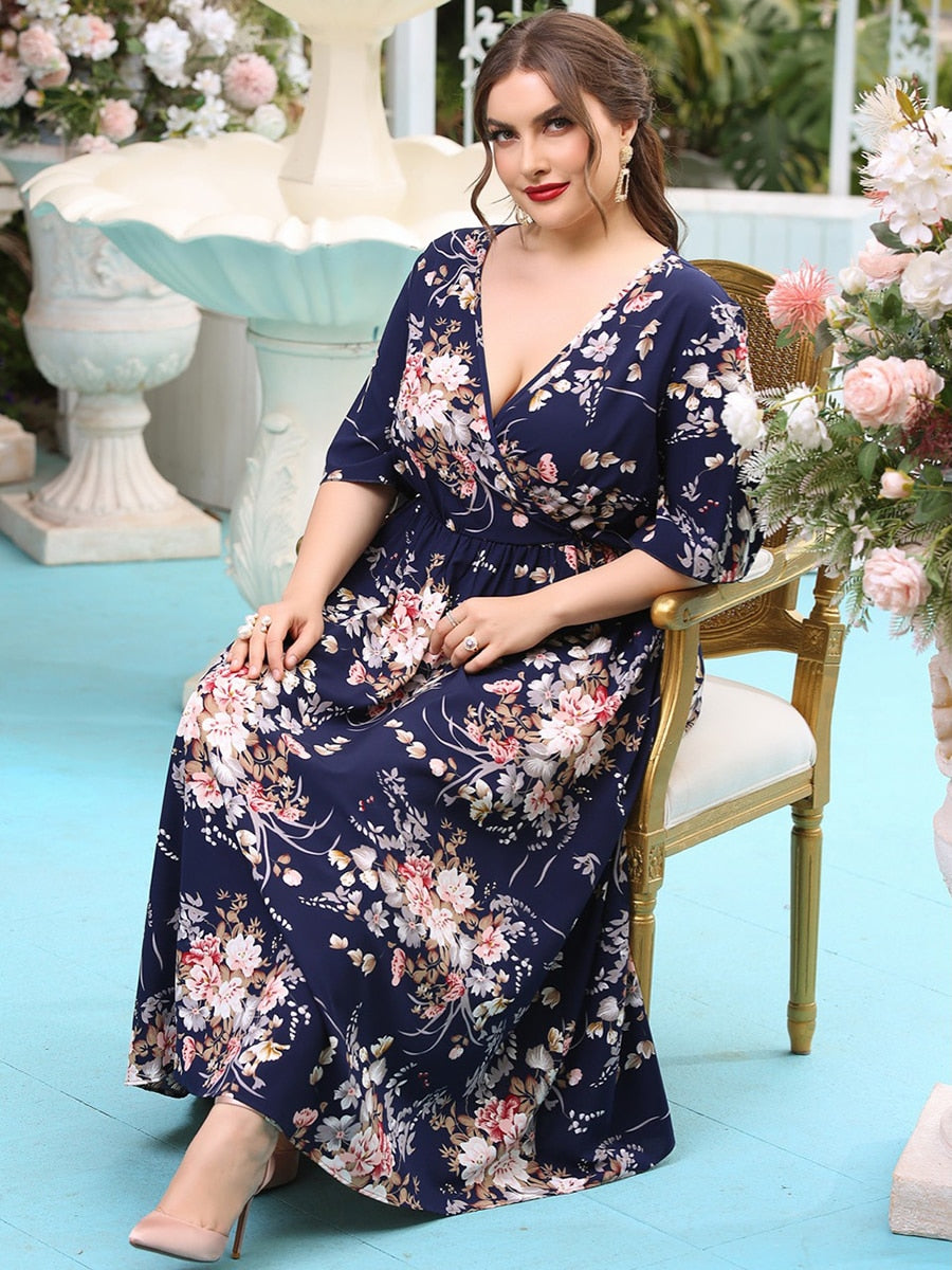 Plus Size Dress Women 2022 Summer Fashion V Neck Short Sleeve Botanical Print Casual Dress Maxi High Waist Boho Beach Dresses EXA Fashion