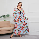 New plus size women dress large size abaya waist length long sleeve v-neck floral print long dress EXA Fashion