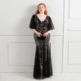 Plus Size Black Wedding Dress Women Winter V Neck Short Sleeve Sequined Glitter Evening Party Dress Maxi Mermaid Dresses EXA Fashion