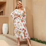 ROKEN EVAN Fashion Floral Print Dress Long Sleeve Midi Dress Elegant V-Neck White European Fashion Regular Plus Size Dress EXA Fashion