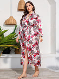 Plus Size Sleepwear Dress Women Summer V Neck Long Sleeve Floral Print Casual Night Dress High Split Sexy Maxi Long Dresses EXA Fashion