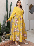 Plus Size Dress Women Summer V Neck Long Sleeve Floral Print Patchwork Casual Dress Belted High Waist Maxi Long Boho Dresses EXA Fashion