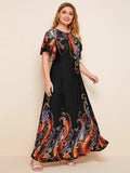 Spring Autumn Short Sleeve Casual Dress Women O Neck Floral Print High Waist Stretch Maxi Long Dress Plus Size Women Clothing EXA Fashion