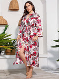 Plus Size Sleepwear Dress Women Summer V Neck Long Sleeve Floral Print Casual Night Dress High Split Sexy Maxi Long Dresses