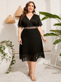 5XL Plus Size Casual Dress Woman 2022 Summer Female V Neck Short Sleeve Sequined Waist Elegant Party Dress Black Long Dresses EXA Fashion