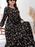 Plus Size Dress Women 2022 Spring Long Sleeve Floral Print Casual Dress Black High Waist Maxi Long Dresses EXA Fashion