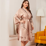 Plus Size Night Dress Women Summer V Neck Long Sleeve Feather Print Satin Dress Belted Kimono Robes Home Clothes EXA Fashion