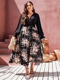 Plus Size Dress Women Summer V Neck Long Sleeve Floral Print Patchwork Casual Dress Belted High Waist Maxi Long Boho Dresses EXA Fashion