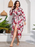 Plus Size Sleepwear Dress Women Summer V Neck Long Sleeve Floral Print Casual Night Dress High Split Sexy Maxi Long Dresses EXA Fashion