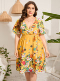 4xl 5xl Plus Size Midi Dress Women 2022 Summer V Neck Short Sleeve Floral Print Yellow Dress for Women Large Size Beach Dresses