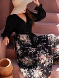 Plus Size Dress Women Summer V Neck Long Sleeve Floral Print Patchwork Casual Dress Belted High Waist Maxi Long Boho Dresses EXA Fashion